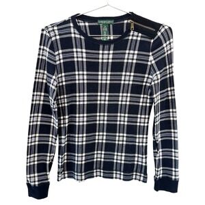 LRL LAUREN JEANS CO Plaid Elbow Patch L/S Pullover • Medium • black, white